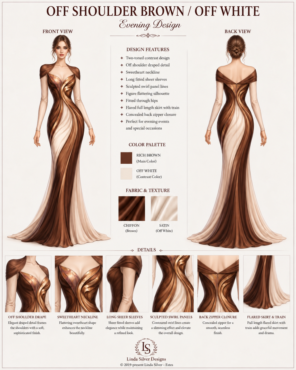 Off-Shoulder Brown and Off-White Formal front and back presentation board