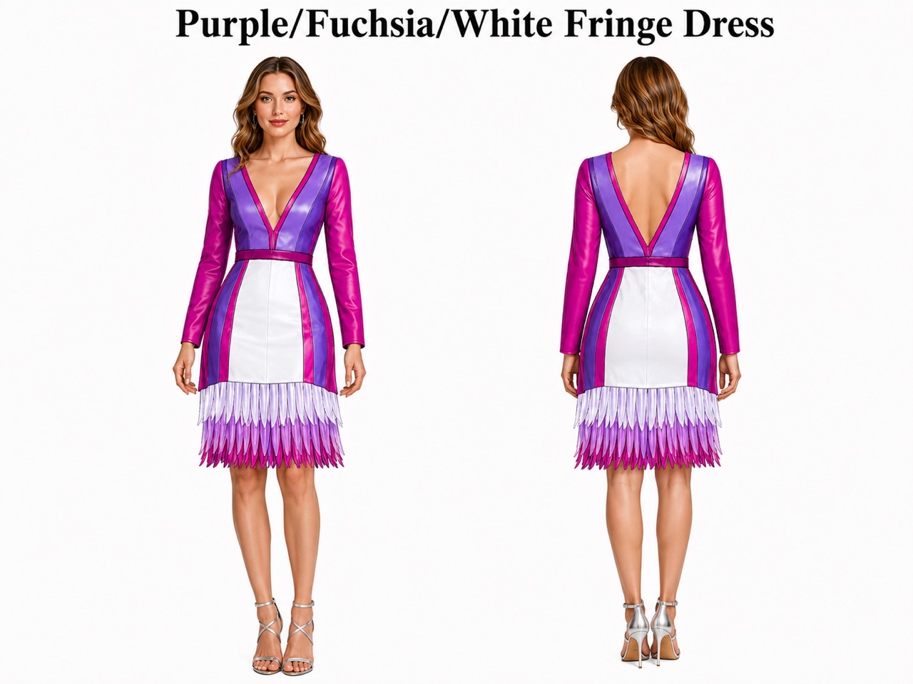 Original Purple Fuchsia and White Fringe Dress front and back presentation