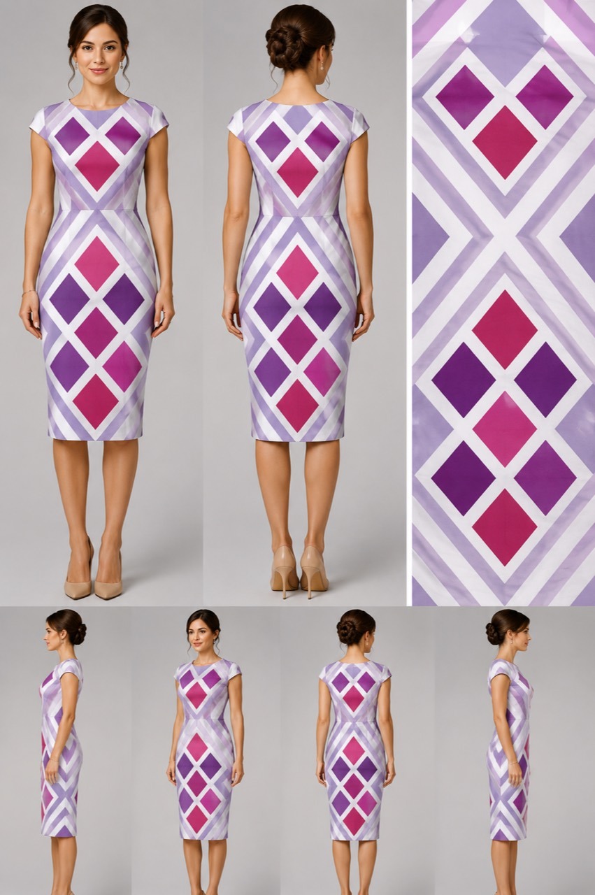 Diamond Lavender Fuchsia and White fitted dress front back side and fabric detail preview