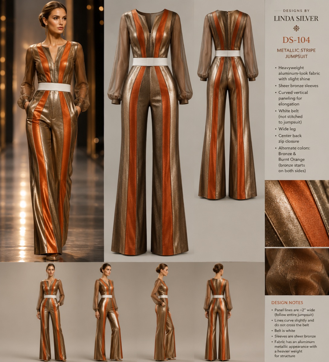 Metallic wide-stripe jumpsuit in Bronze and Burnt Orange, front and back design preview