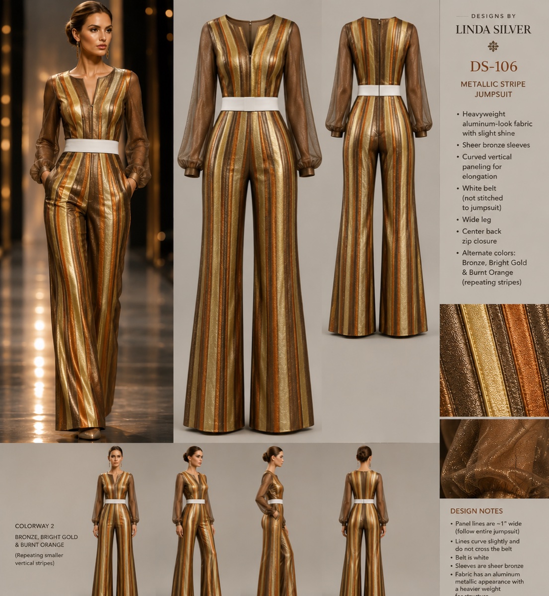 Metallic narrow-stripe jumpsuit in Bronze Bright Gold and Burnt Orange, front and back design preview