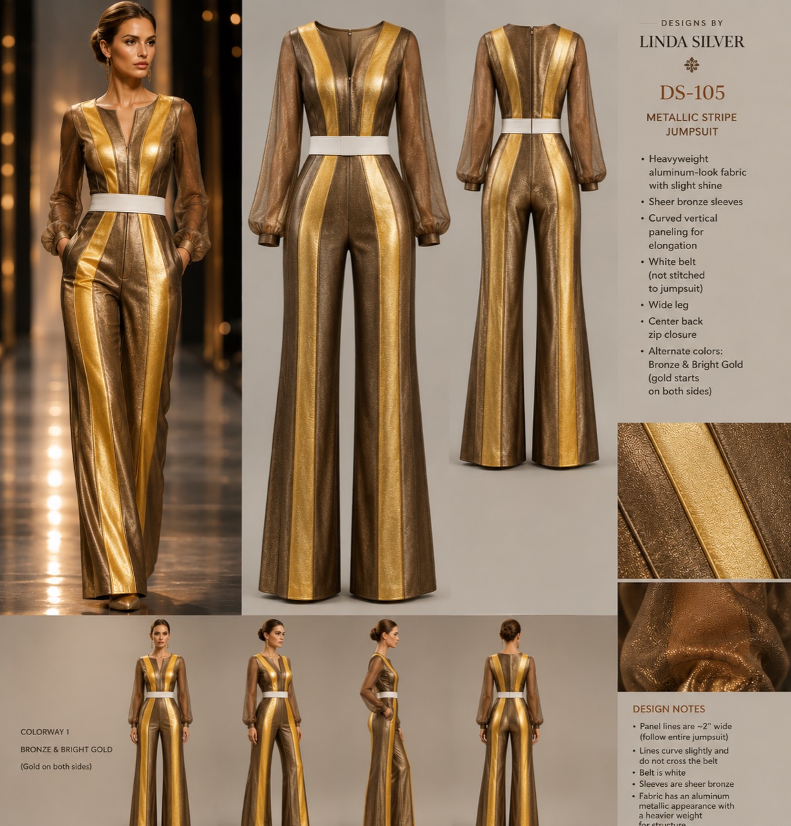 Metallic wide-stripe jumpsuit in Bronze and Bright Gold, front and back design preview