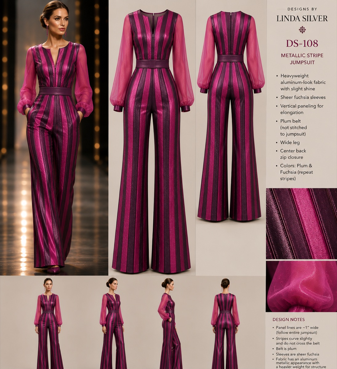 Metallic narrow-stripe jumpsuit in Plum and Fuchsia with plum belt, front and back design preview