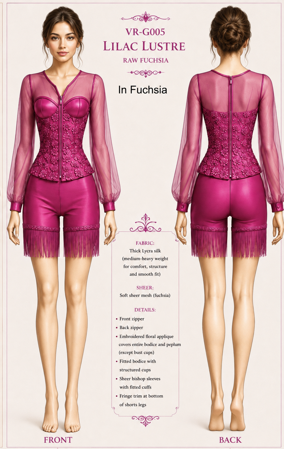 Lustre short fringe jumpsuit in fuchsia front and back design board preview