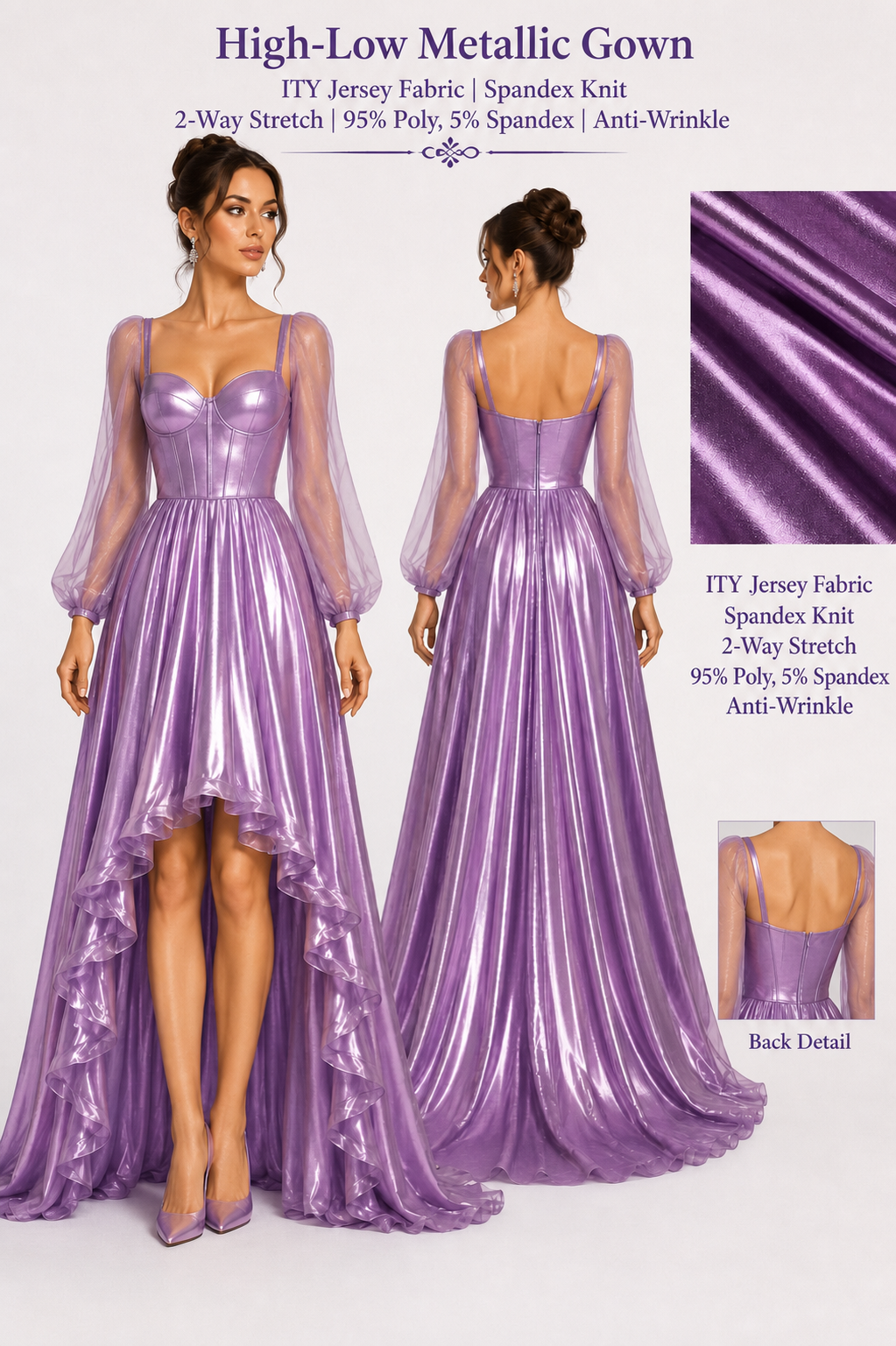 Light lilac ITY Jersey high-low gown with attached sheer sleeves, short front and long back presentation board