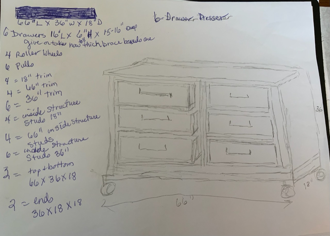 Selected original concept sketch number 13 with working measurements for the six-drawer dresser