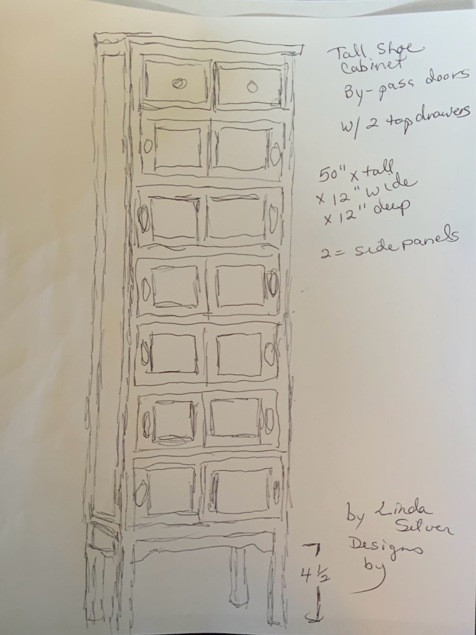 Original concept sketch and working dimensions for the tall shoe cabinet with pass-by doors and top drawers